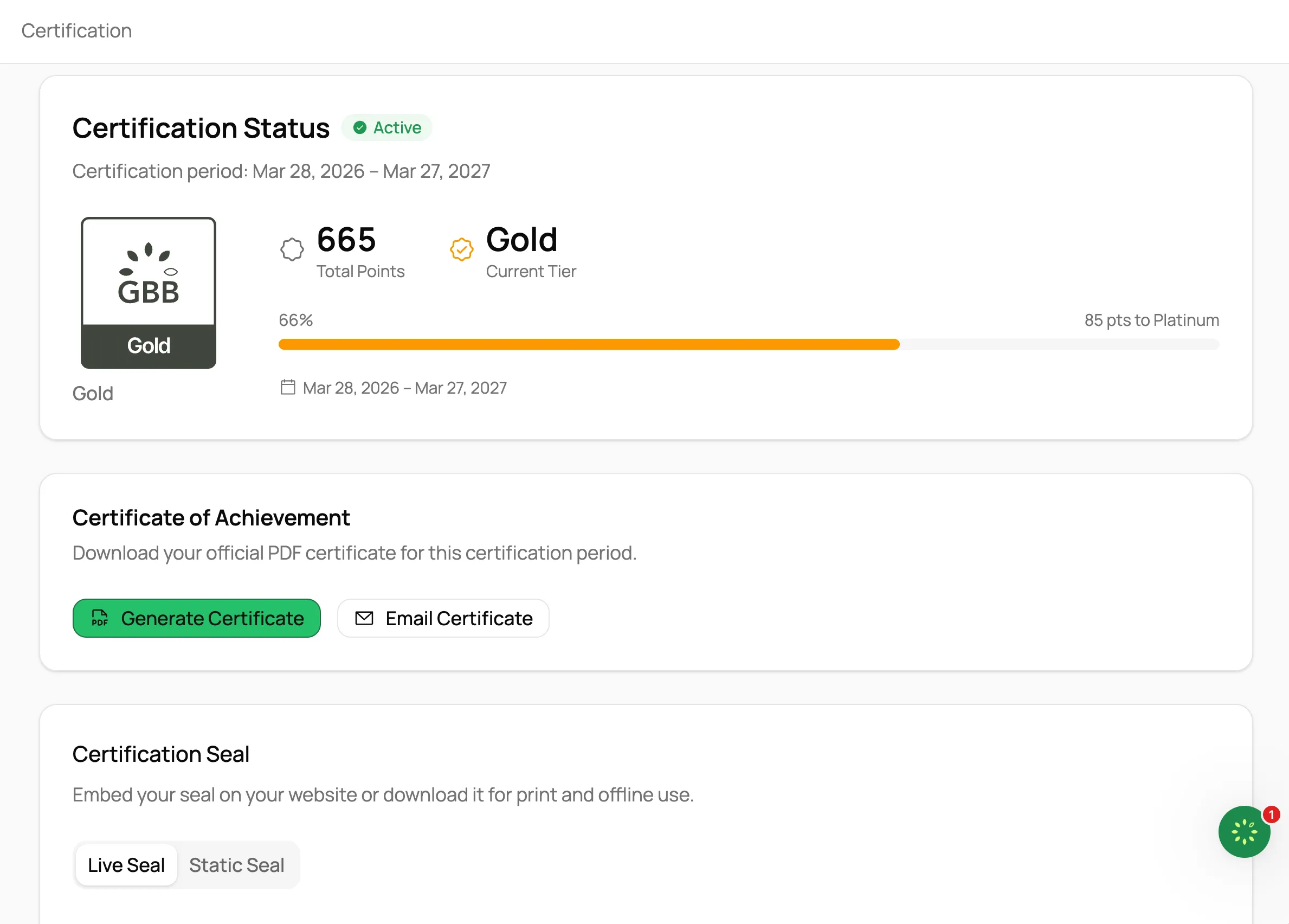 Green Business Benchmark certification status showing Gold tier and certificate options