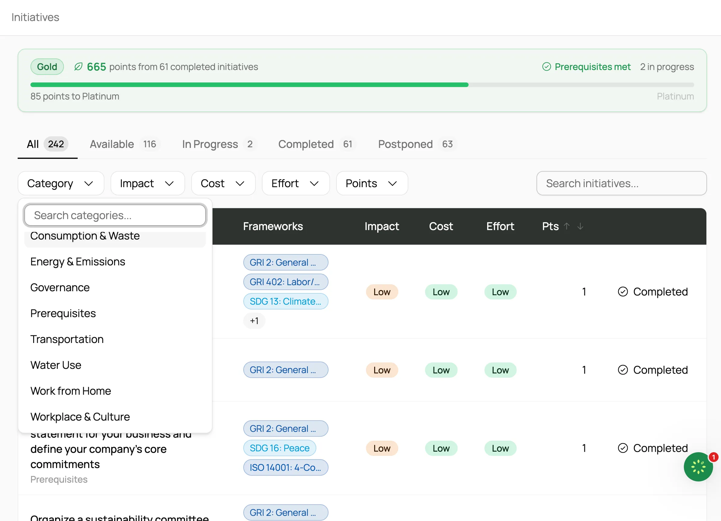 Green Business Benchmark initiatives library showing categories, frameworks and progress