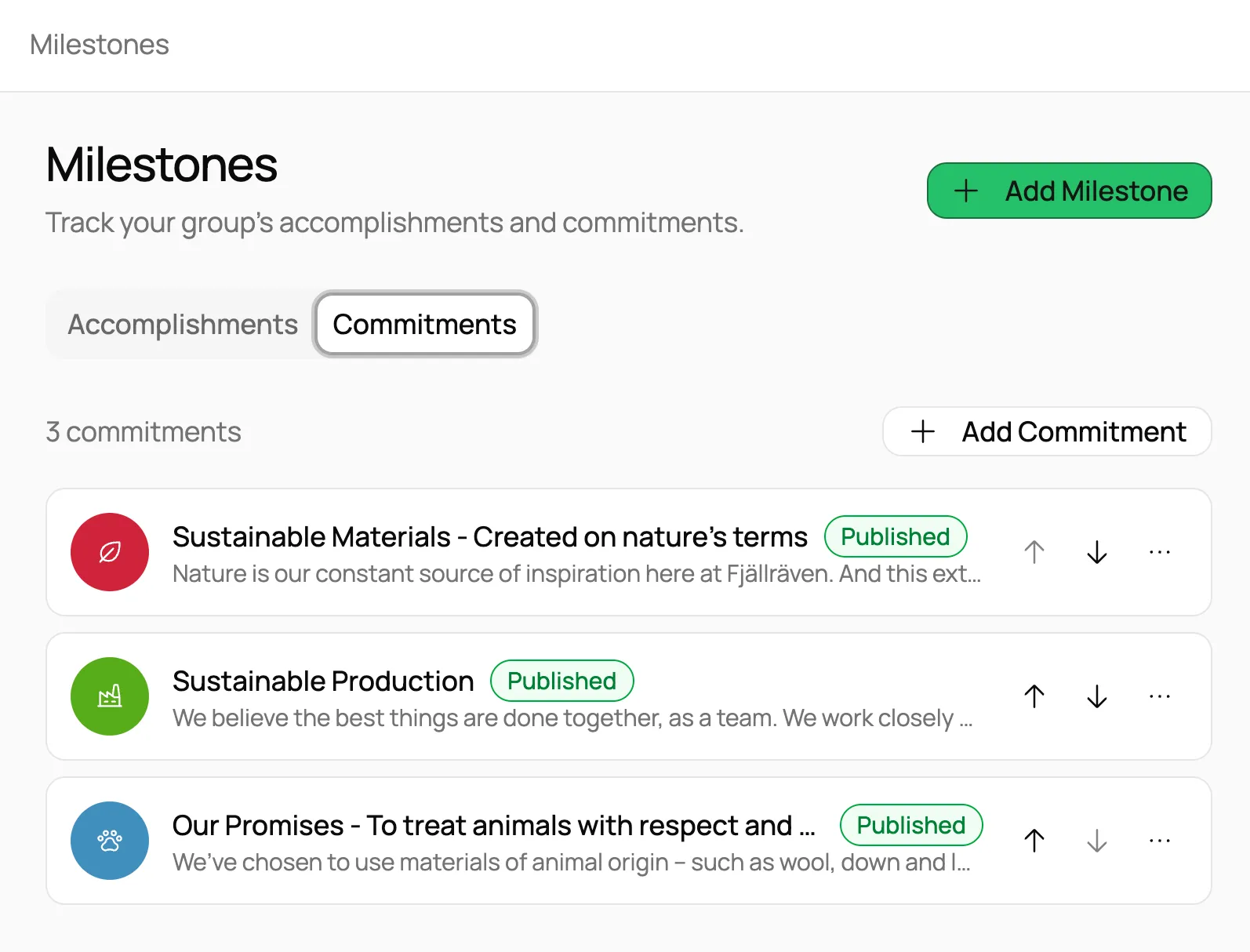 Green Business Benchmark milestones view listing published commitments