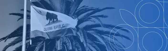 California Republic state flag flying in front of palm trees